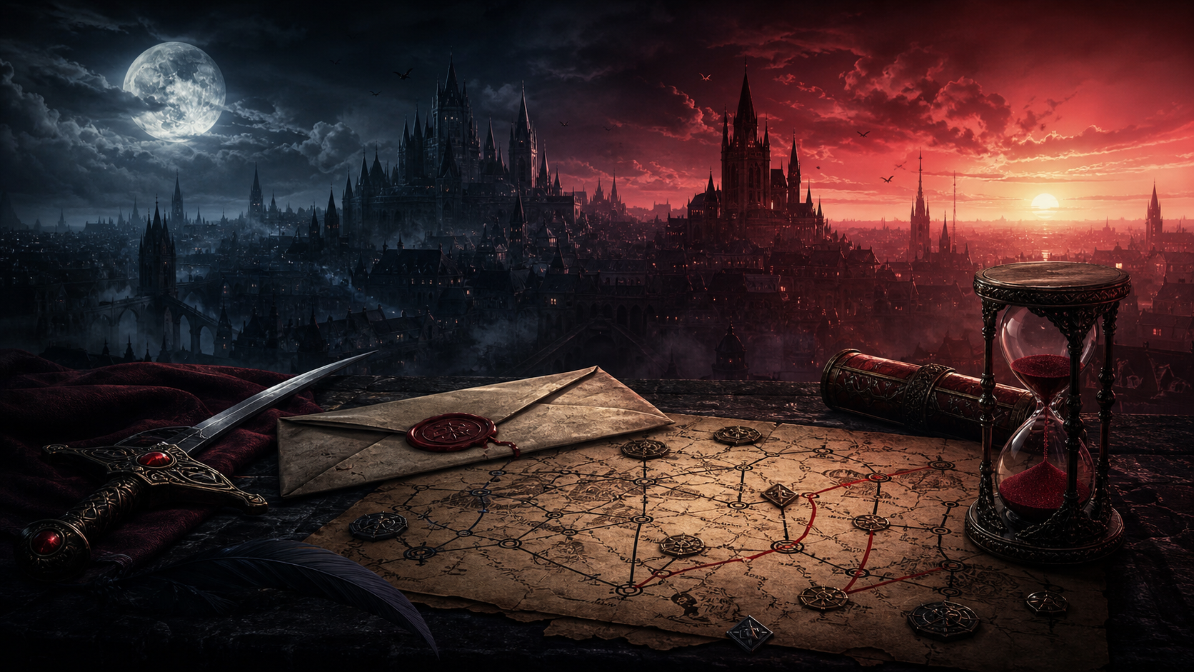 Dark fantasy city split between moonlit night and red dawn with a route map, sword, sealed letter, and hourglass.